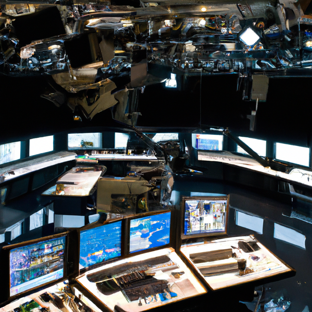 High-end broadcast newsroom with lights and control room